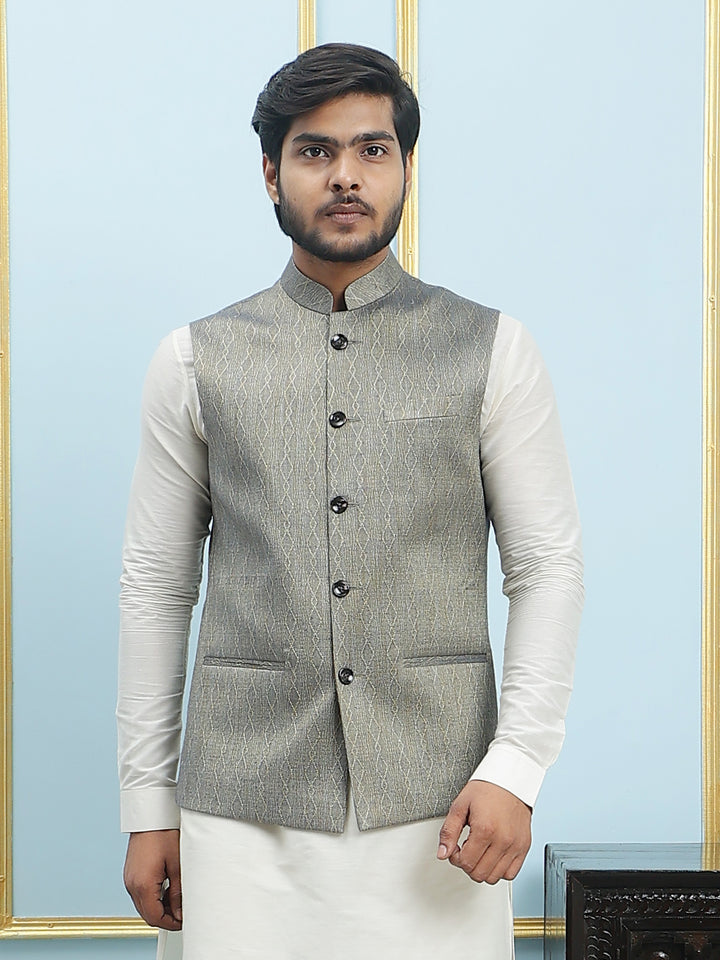 Pure Silk Kurta & Pyjama with Woven Jacquard Nehru Jacket