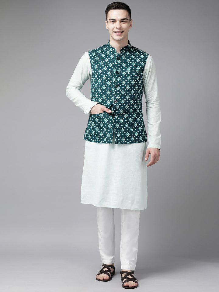 Pure Cotton Kurta with Pyjama & Printed Nehru Jacket