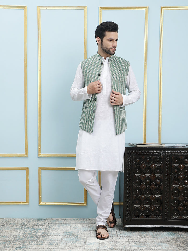 Pure Cotton Straight Kurta & Pyjama with Handwoven Pure Cotton Nehru Jacket