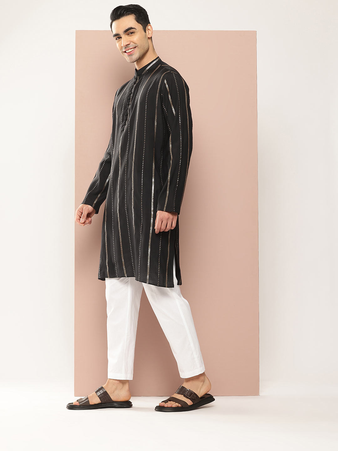 Men's Black Chanderi Silk Kurta with Sequin Embroidery, Paired with Pyjama