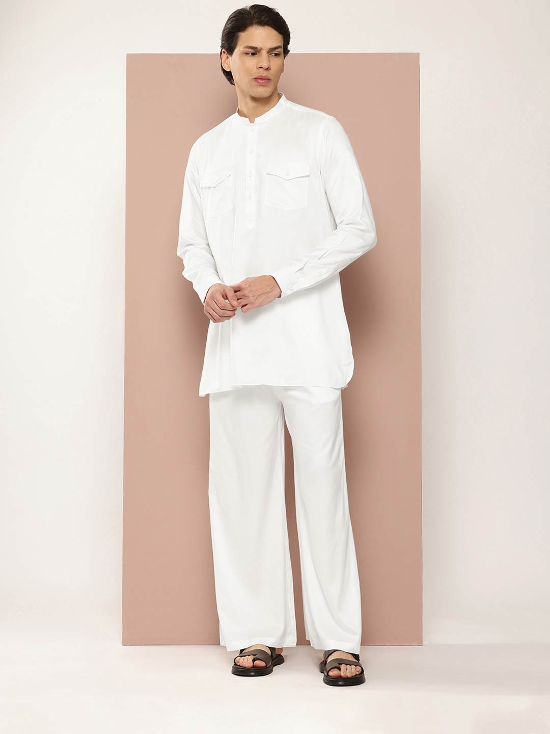 Men's White Rayon Solid Pathani Set