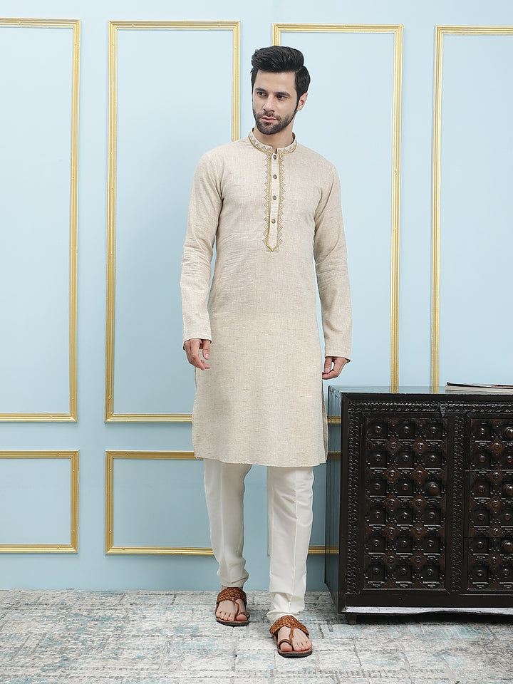 Solid Pure Cotton Straight Kurta with Embroidered Neck Design and Pyjama