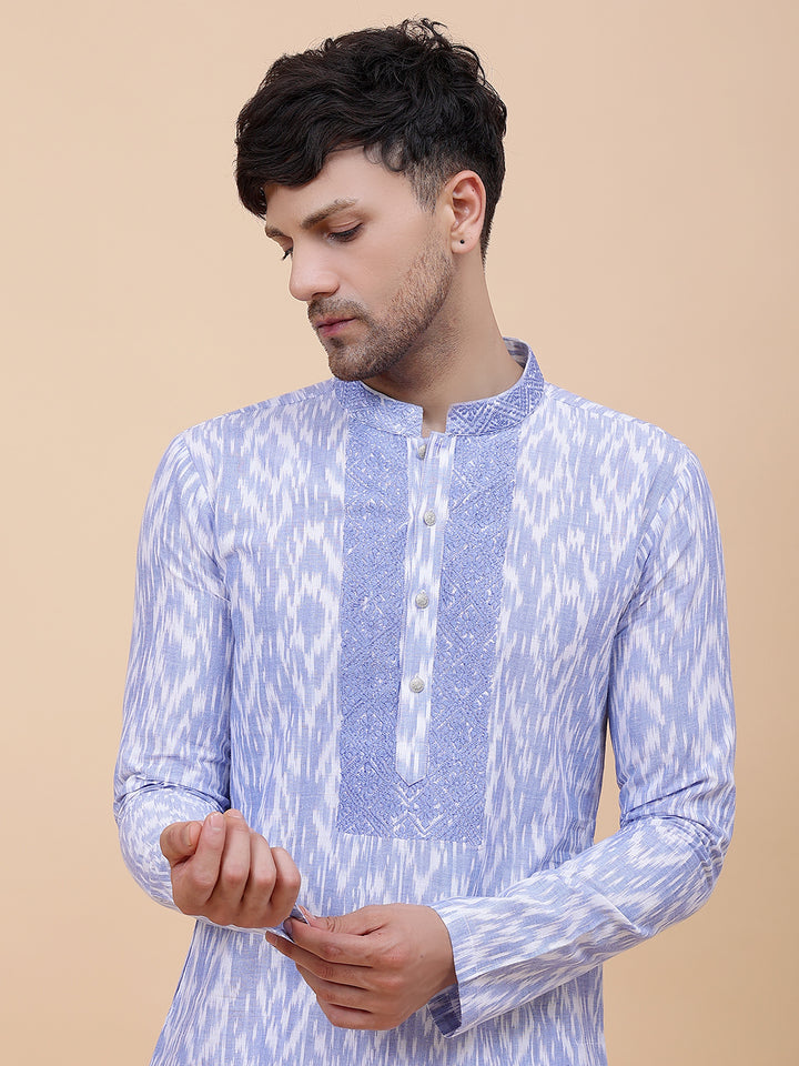 Printed Ikat Pure Cotton Straight Kurta with Embroidered Neck Design and Pyjama