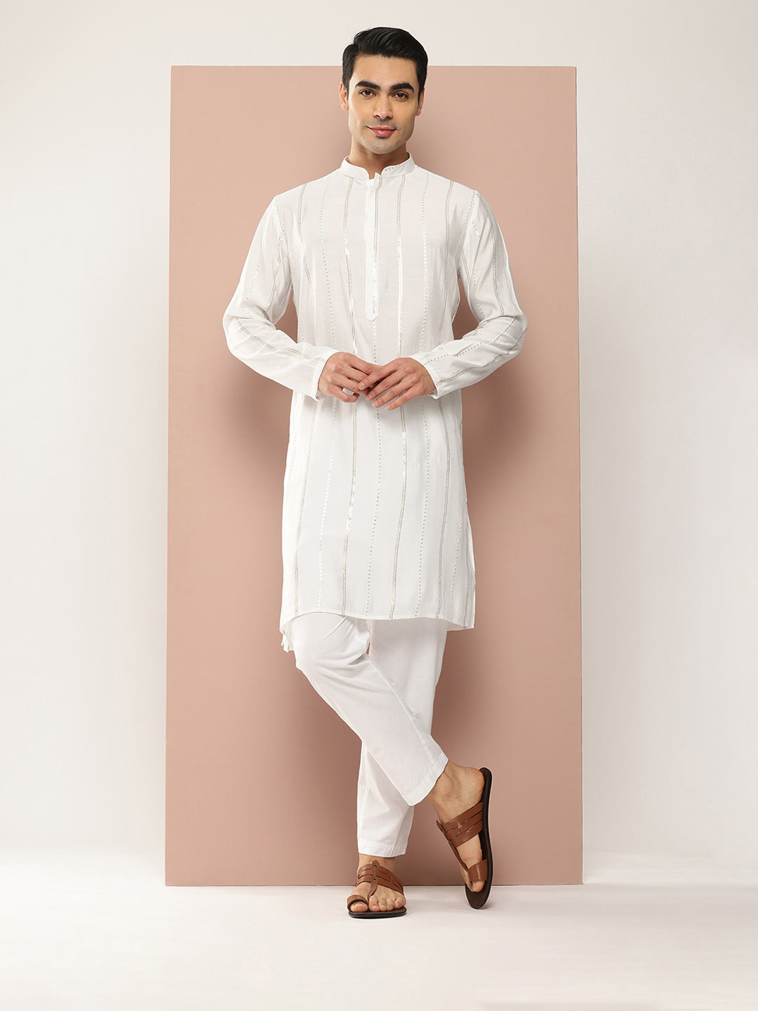 Off White Chanderi Silk Kurta with Sequin Embroidery, Paired with Pyjama