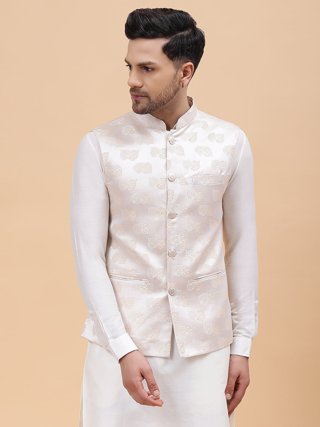 Pure Silk Kurta & Pyjama with Woven Jacquard Nehru Jacket