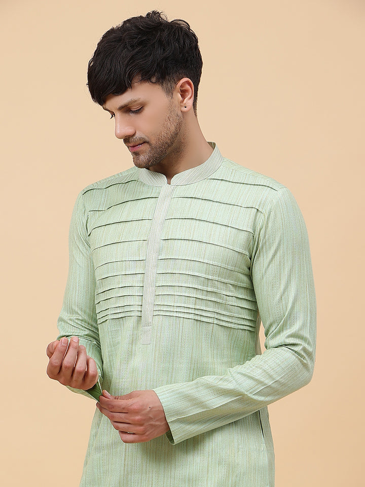 Embroidered Pintuck Cotton Silk Straight Kurta with Pyjama