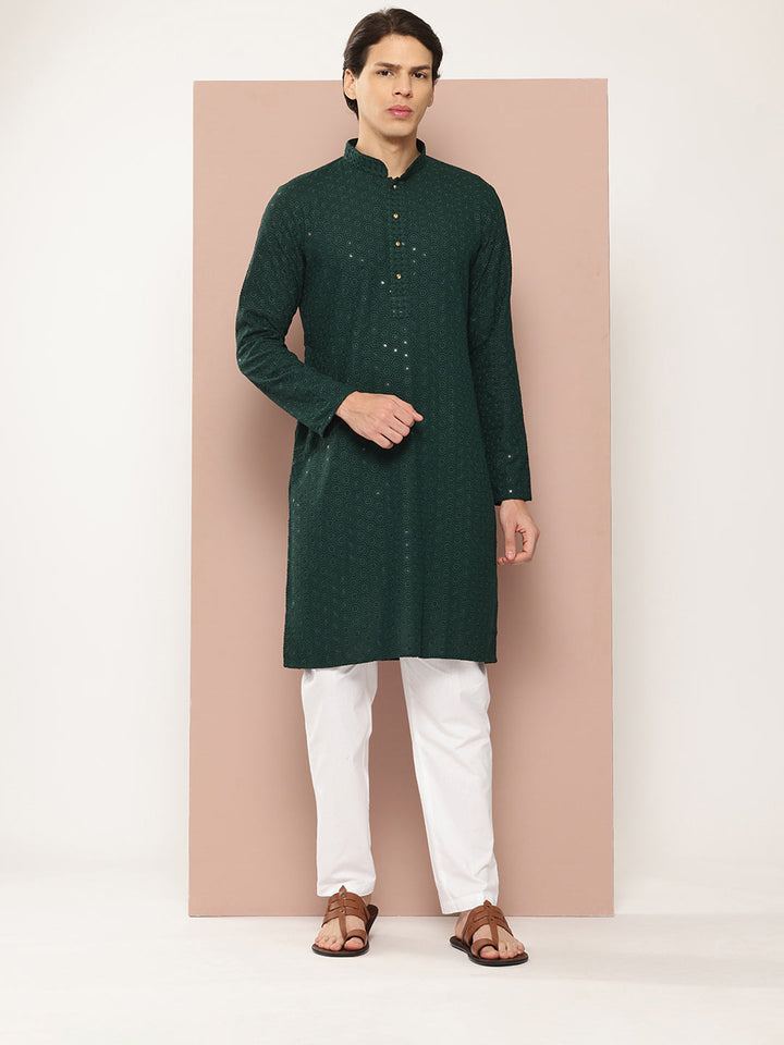 Men's Green Sequin Embroidered Rayon Kurta, Paired with Pyjama