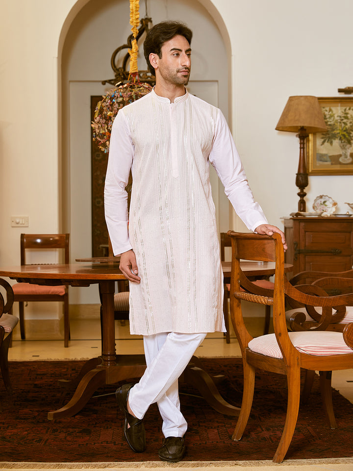 Gota Strips and Sequins Embroidered Pure Cotton Straight Kurta with Pyjama