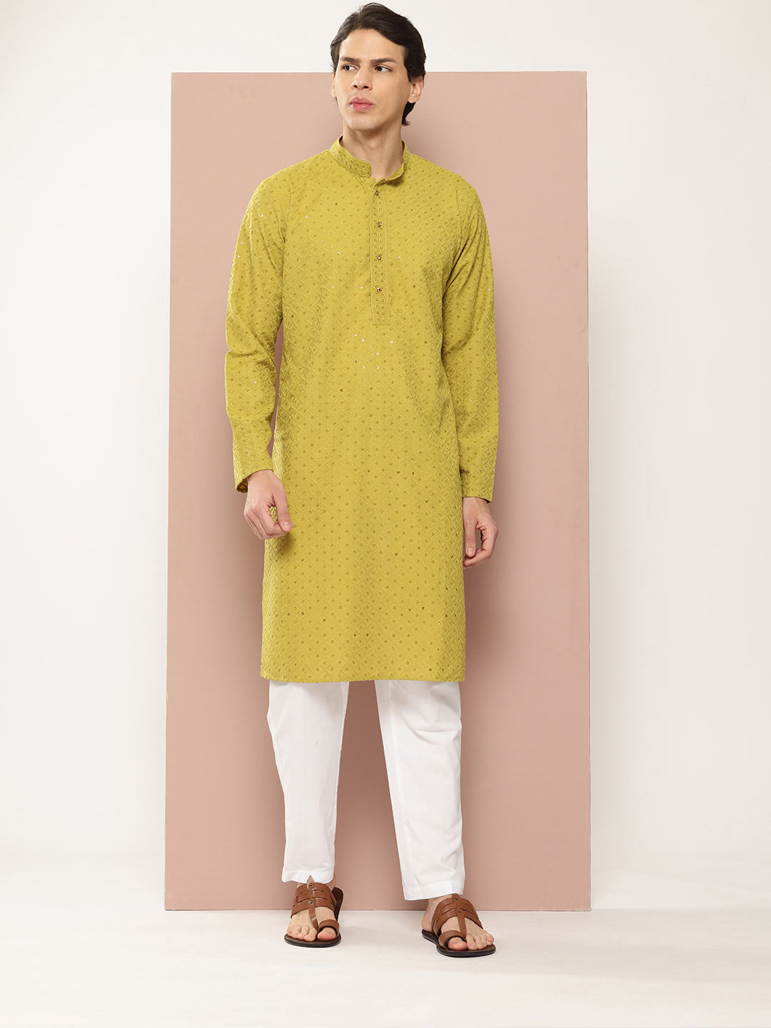 Lime Green Sequin Embroidered Rayon Kurta, Paired with Pyjama