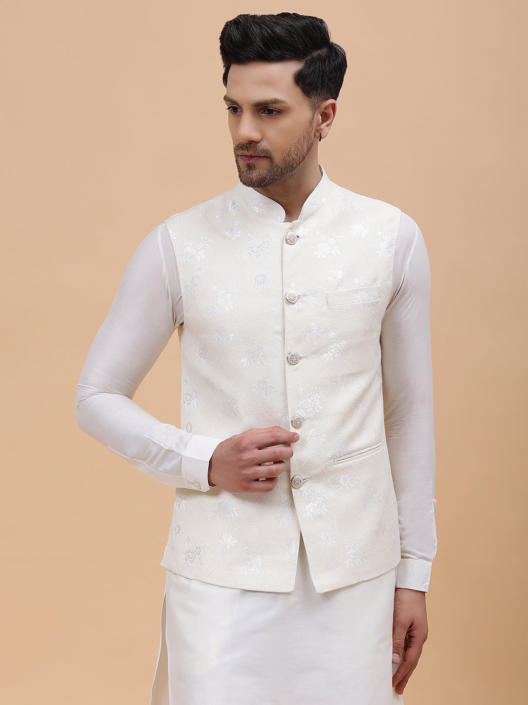 Pure Silk Kurta & Pyjama with Woven Jacquard Nehru Jacket