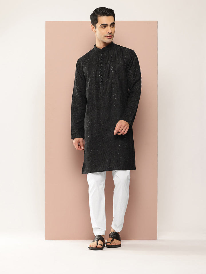 Men’s Black Rayon Kurta with Embroidered Chikankari, Paired with Pyjama