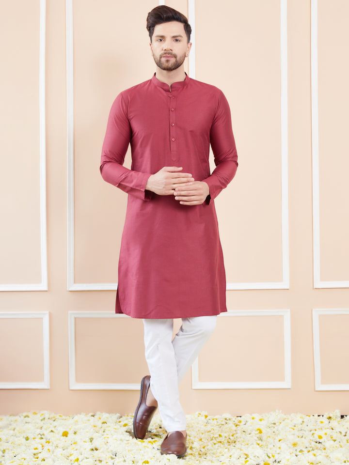 Maroon Cotton Solid Straight Kurta with Pyjama