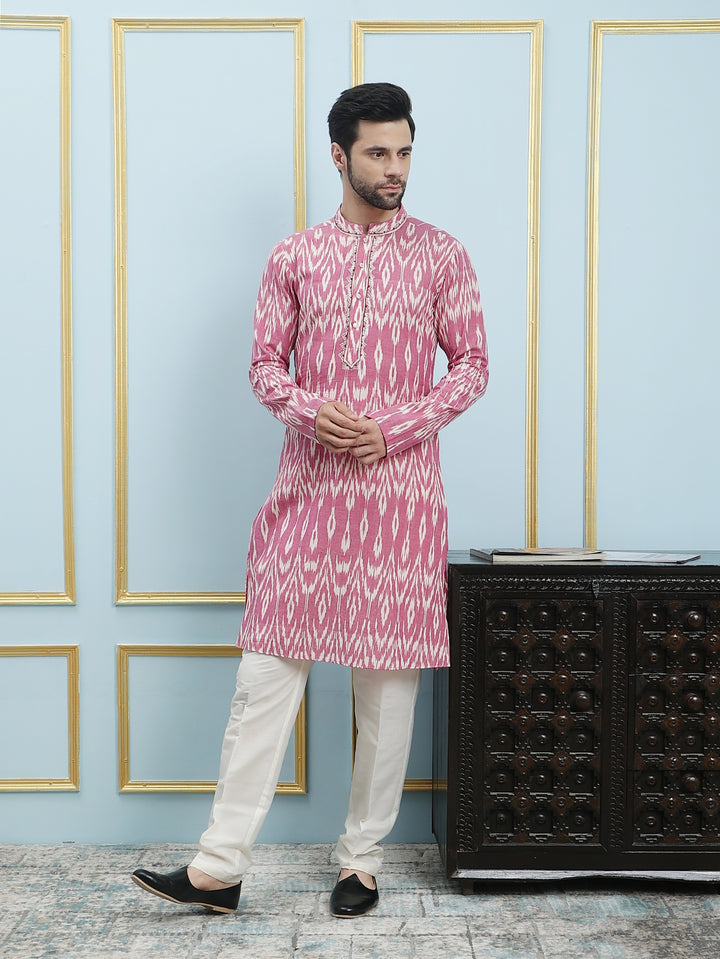 Printed Ikat Pure Cotton Straight Kurta with Embroidered Neck Design and Pyjama