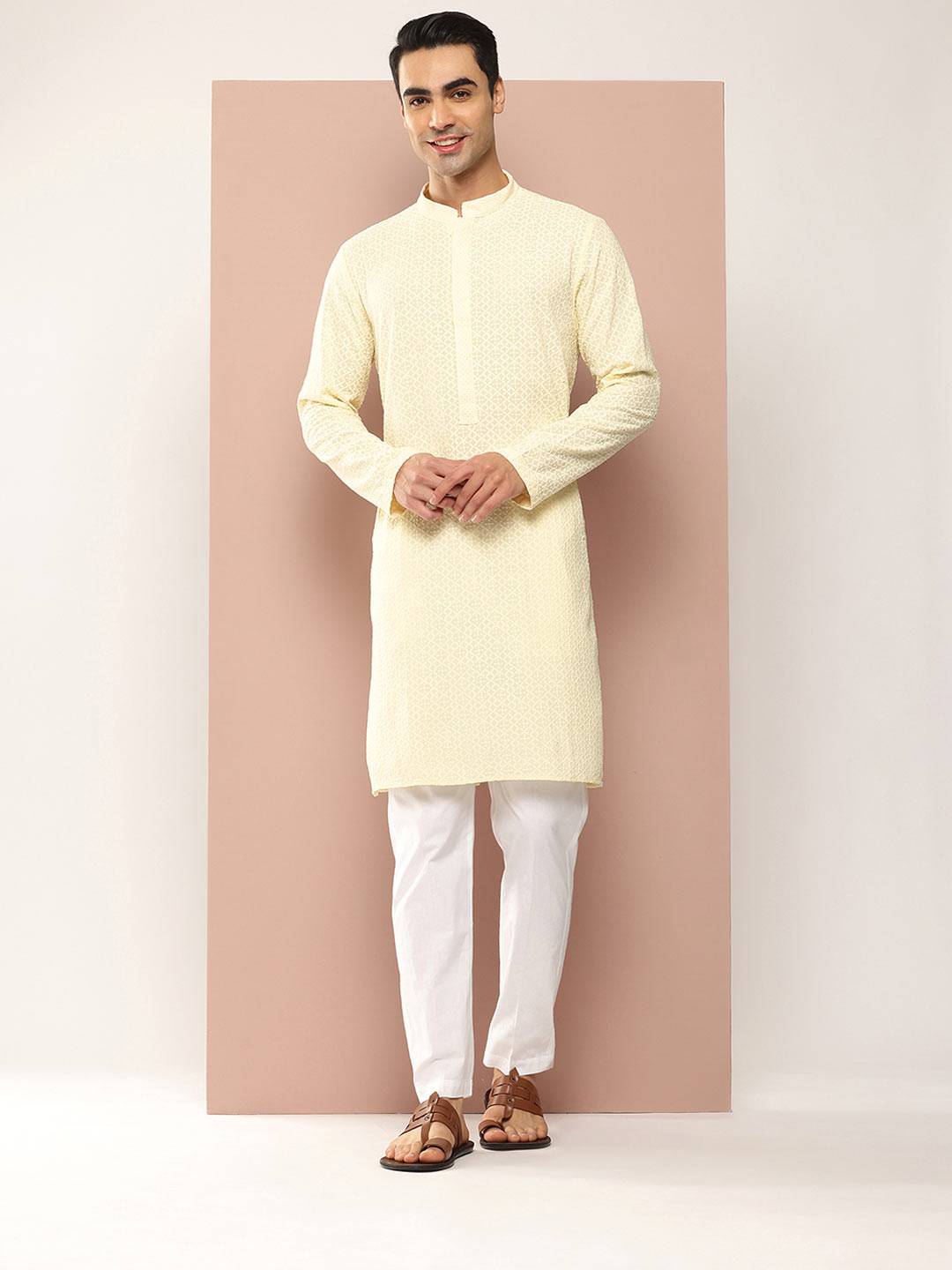 Men’s Cream Rayon Kurta with Embroidered Chikankari, Paired with Pyjama