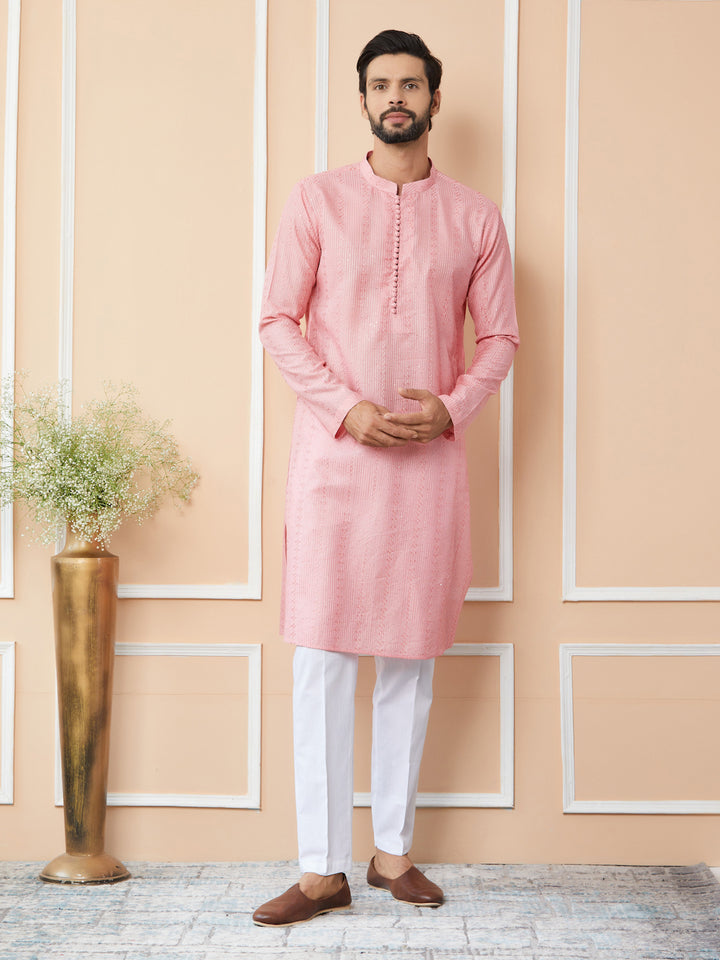 Pink Embroidered Thread Work Sequinned Chanderi Silk Straight Kurta