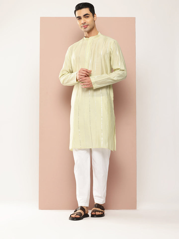 Men's Cream Chanderi Silk Kurta with Sequin Embroidery, Paired with Pyjama