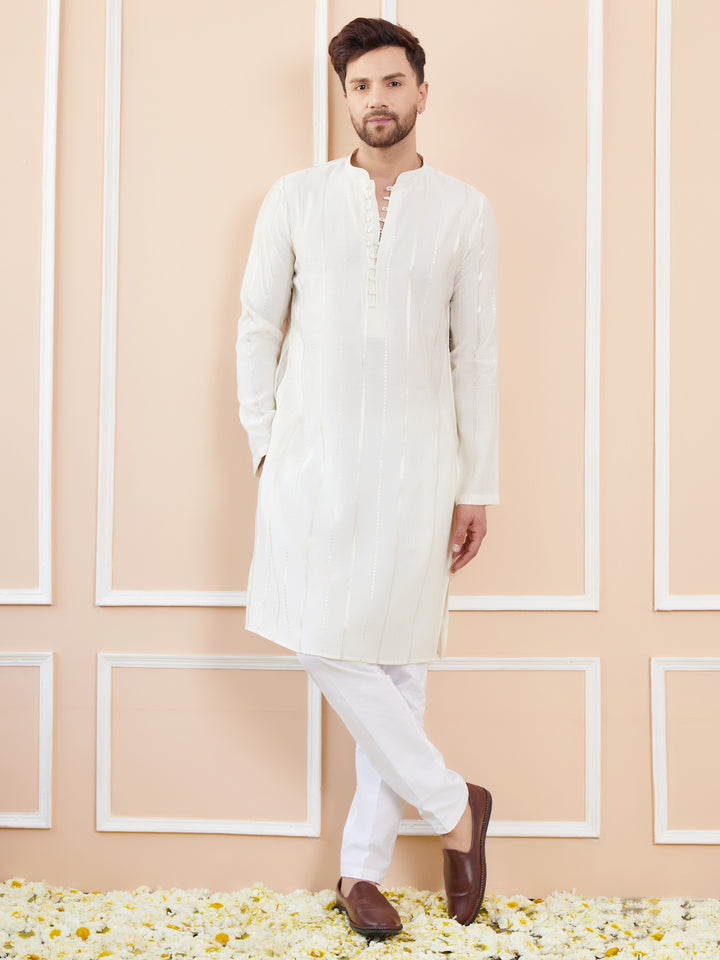 Off White and Gold Sequins Embroidered Chanderi Silk Straight Kurta With Pyjama