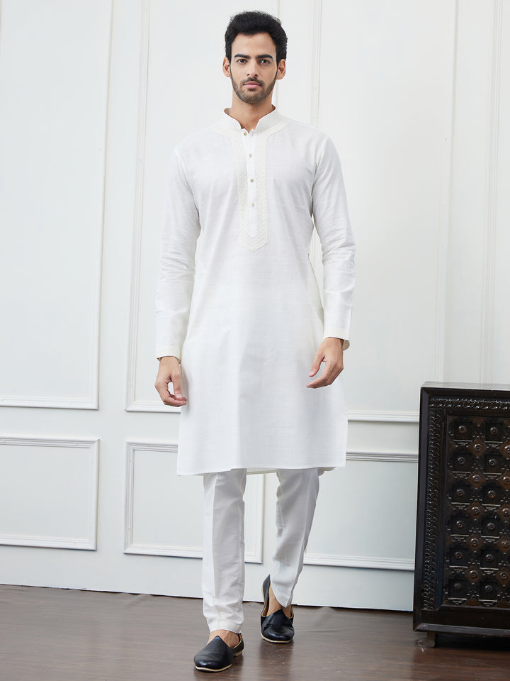 Solid Pure Cotton Straight Kurta with Embroidered Sequin Neck Design and Pyjama