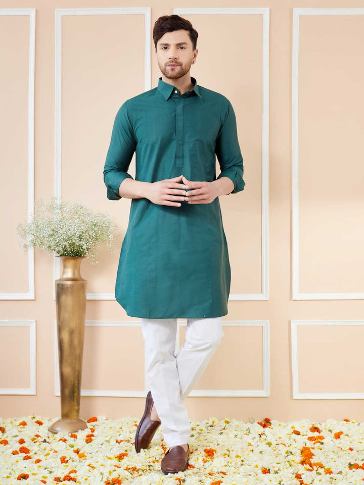 Green Cotton Solid Pathani Kurta with Pyjama