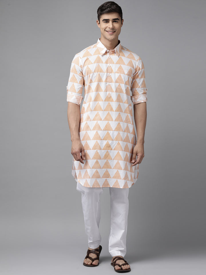 Men White and Orange Pure Cotton Pathani Kurta