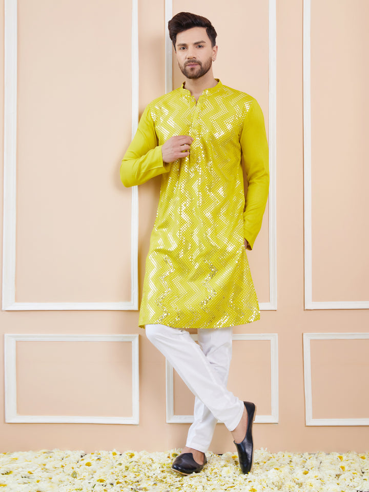 Men Lime Green Sequins Embroidered Chanderi Silk Straight Kurta