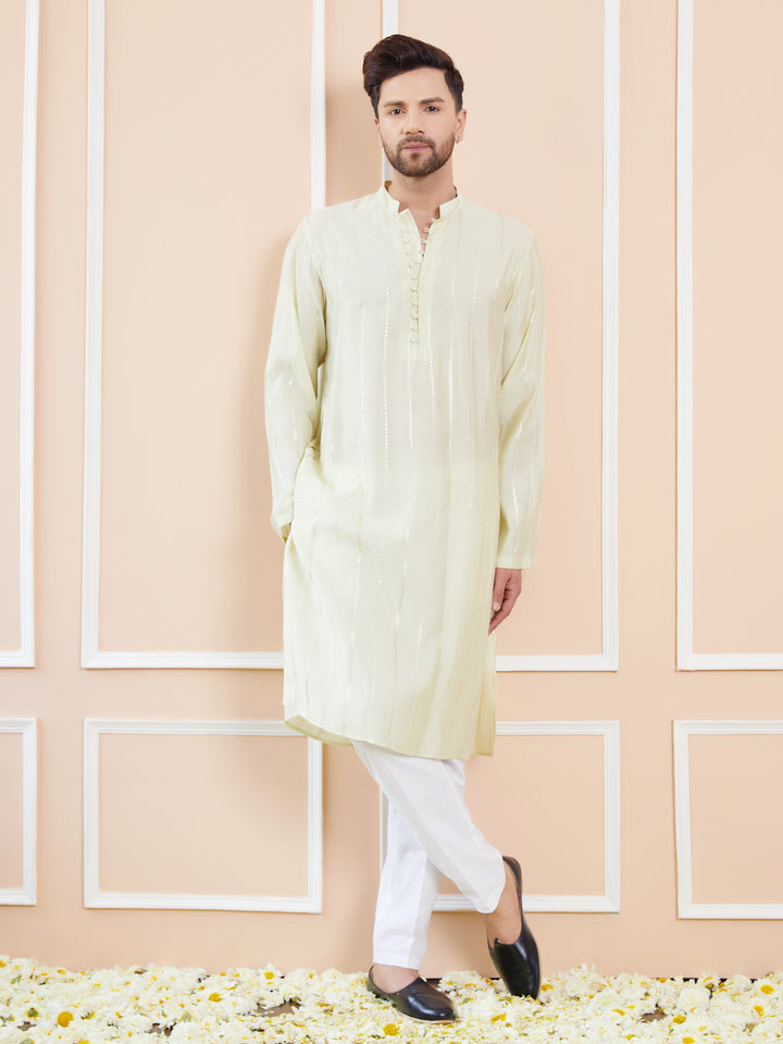 Cream and Gold Sequins Embroidered Chanderi Silk Straight Kurta With Pyjama