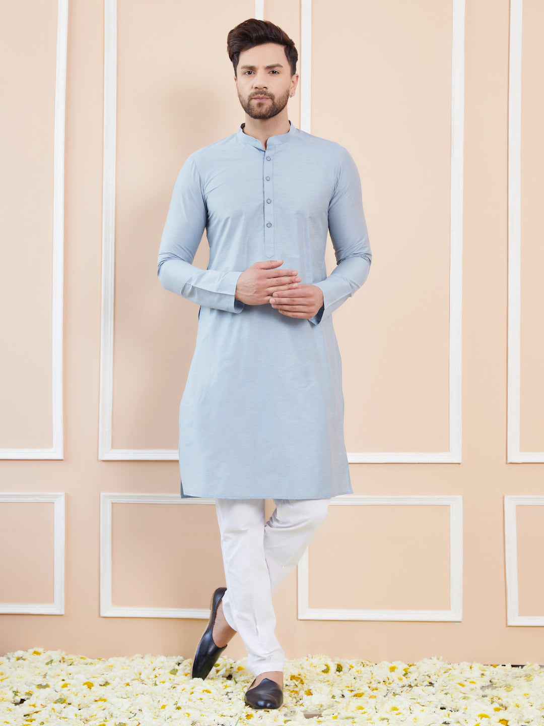 Blue Cotton Solid Straight Kurta with Pyjama