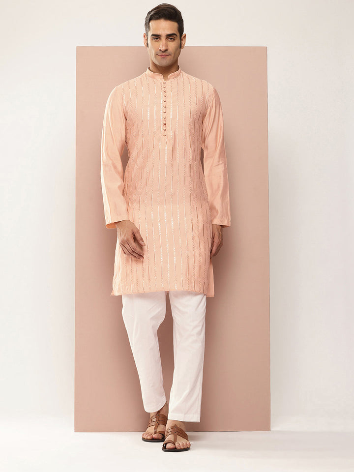 Light Pink Chanderi Silk Kurta with Embroidery and Sequins, Paired with Pyjama