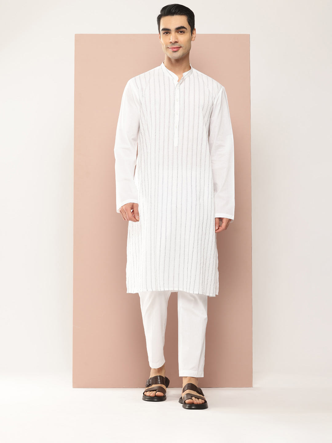 Men's White Cotton Kurta with Pintex Design, Paired with Pyjama