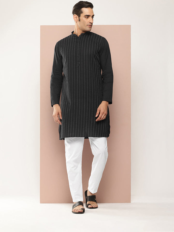 Men's Black Cotton Kurta with Pintex Design, Paired with Pyjama