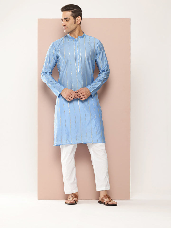 Men's Blue Chanderi Silk Embroidered Kurta, Paired with Pyjama