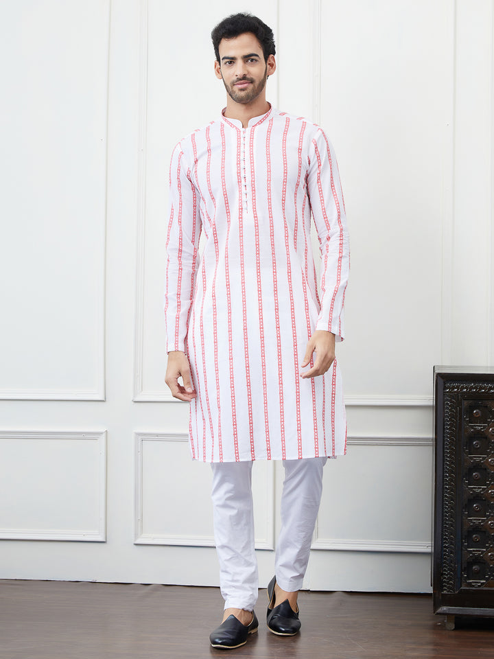 White and Pink Embroidered Cotton Straight Kurta with Pyjama