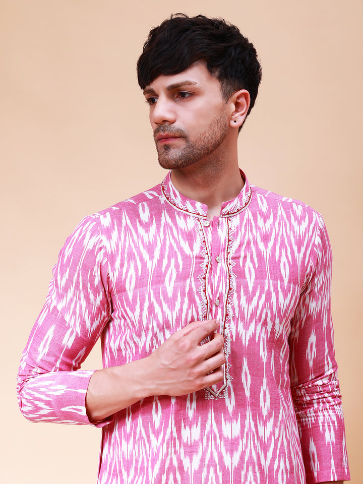 Printed Ikat Pure Cotton Straight Kurta with Embroidered Neck Design and Pyjama