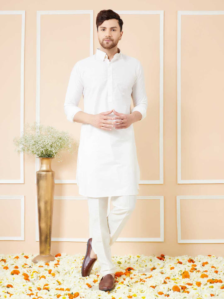 Off White Cotton Solid Pathani Kurta with Pyjama