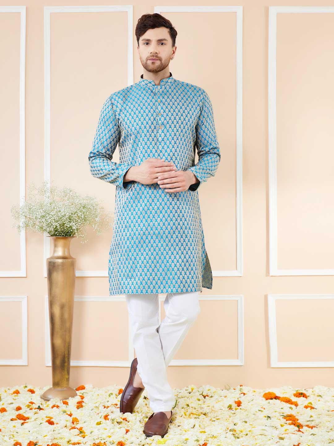 Blue Ethnic Motifs Silk Jacquard Woven Design Straight Kurta with Pyjama