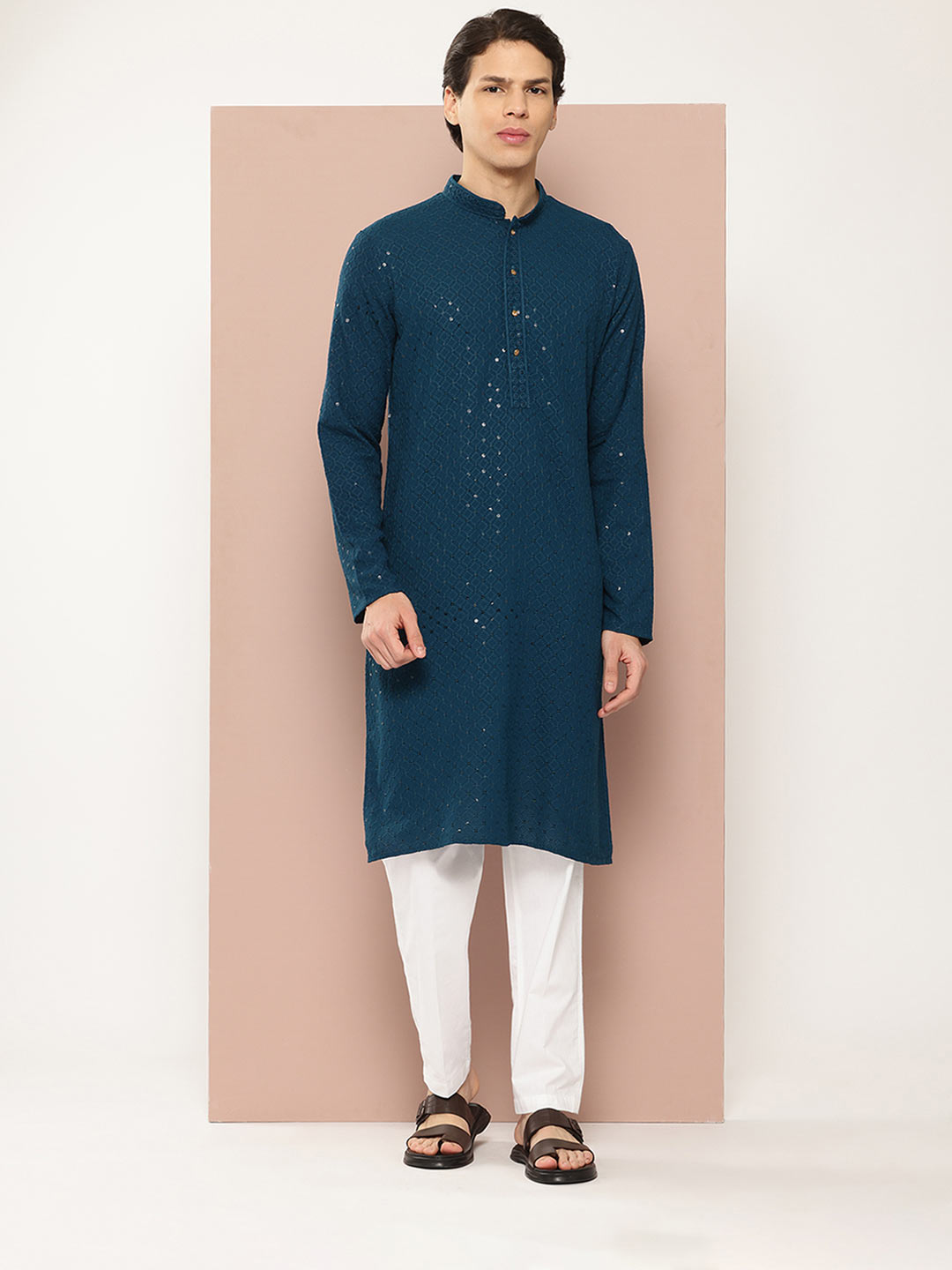 Men's Dark Blue Sequin Embroidered Rayon Kurta, Paired with Pyjama