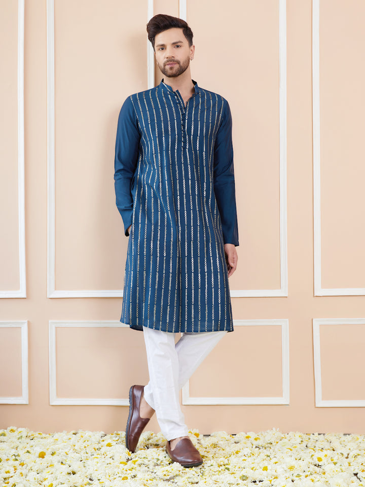 Men Teal and Gold Sequins Embroidered Chanderi Silk Straight Kurta