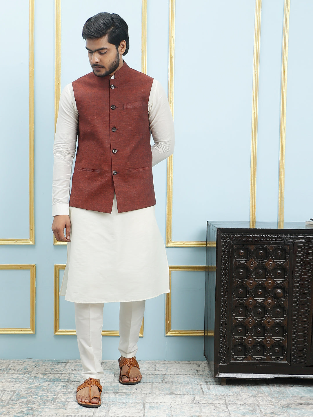 Solid Woven Silk Nehru Jacket