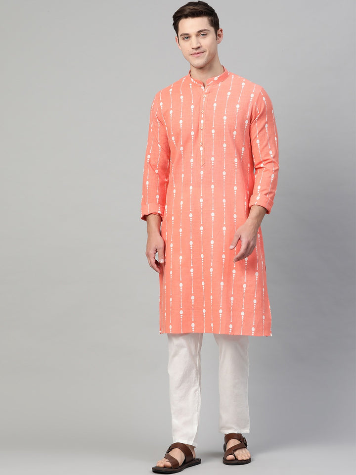 Peach and White Printed Straight kurta with Pyjama