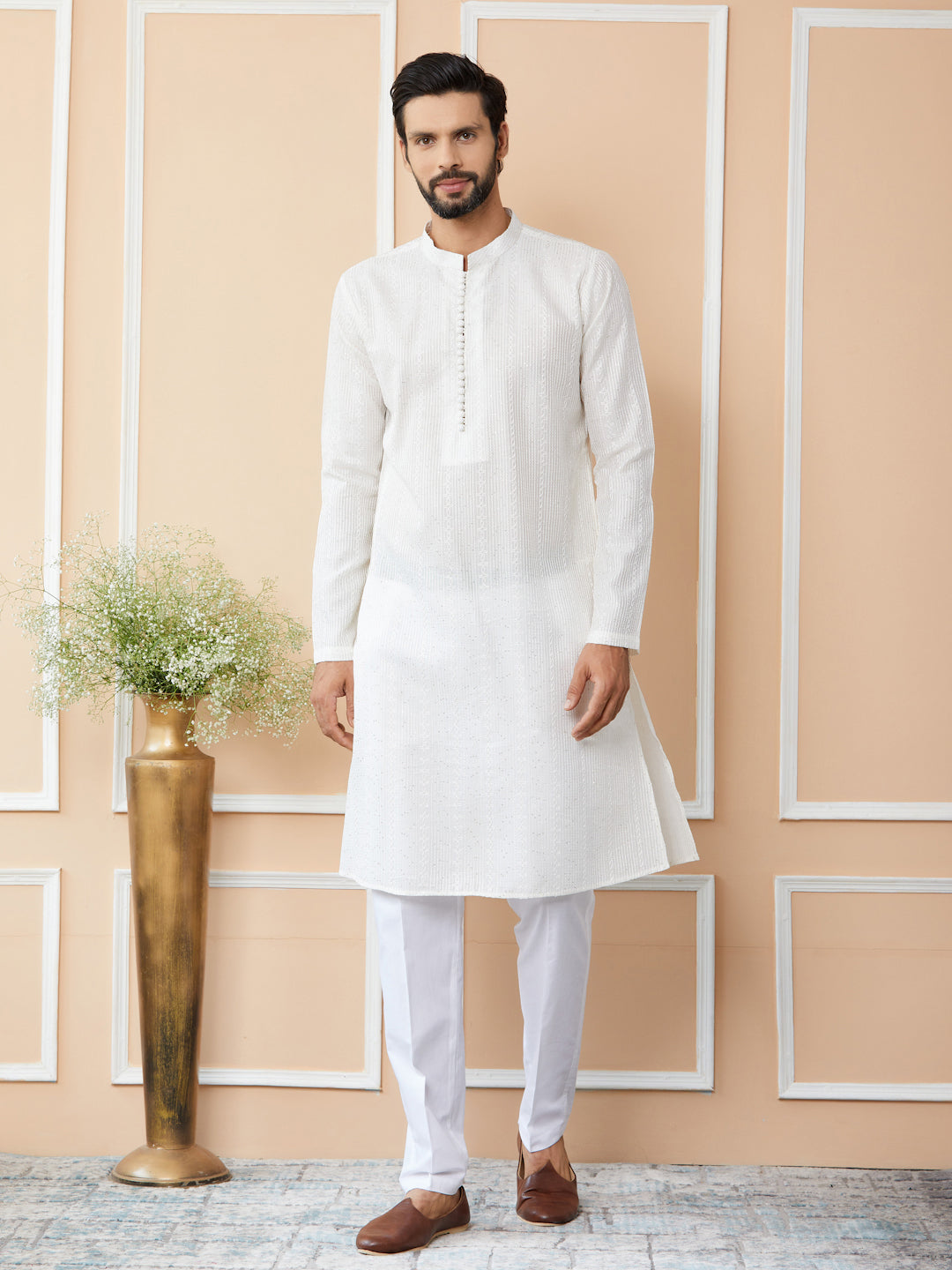 Off White Embroidered Thread Work Sequinned Chanderi Silk Straight Kurta with Pyjama