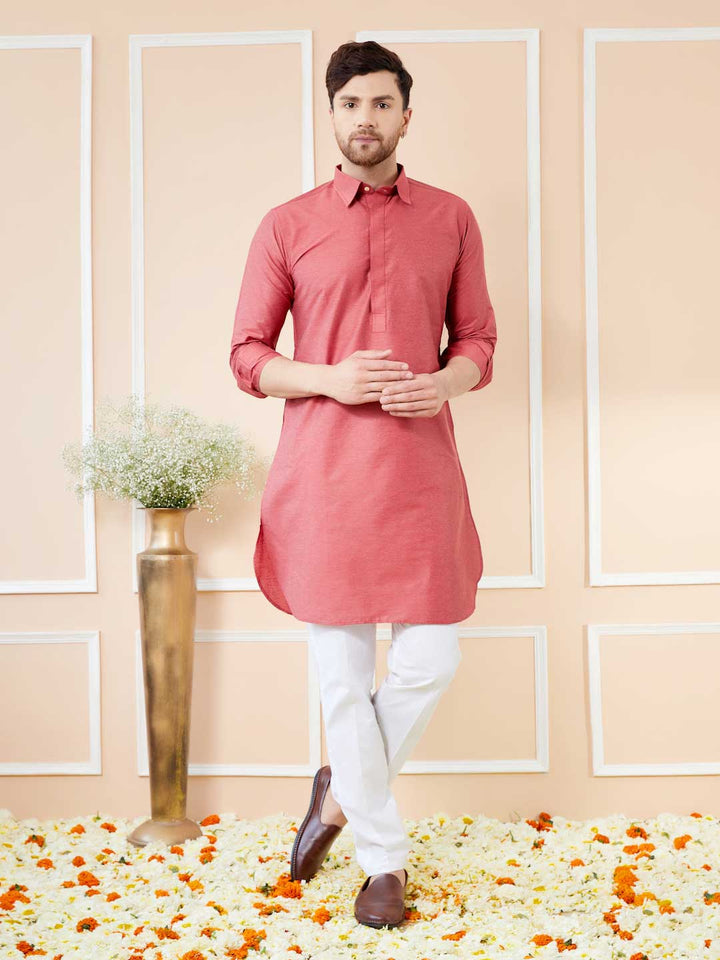 Red Cotton Solid Pathani Kurta with Pyjama