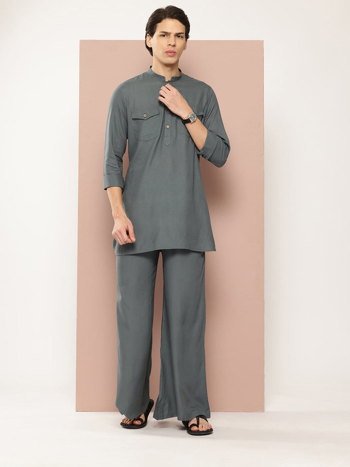 Men's Gray Rayon Solid Pathani Set