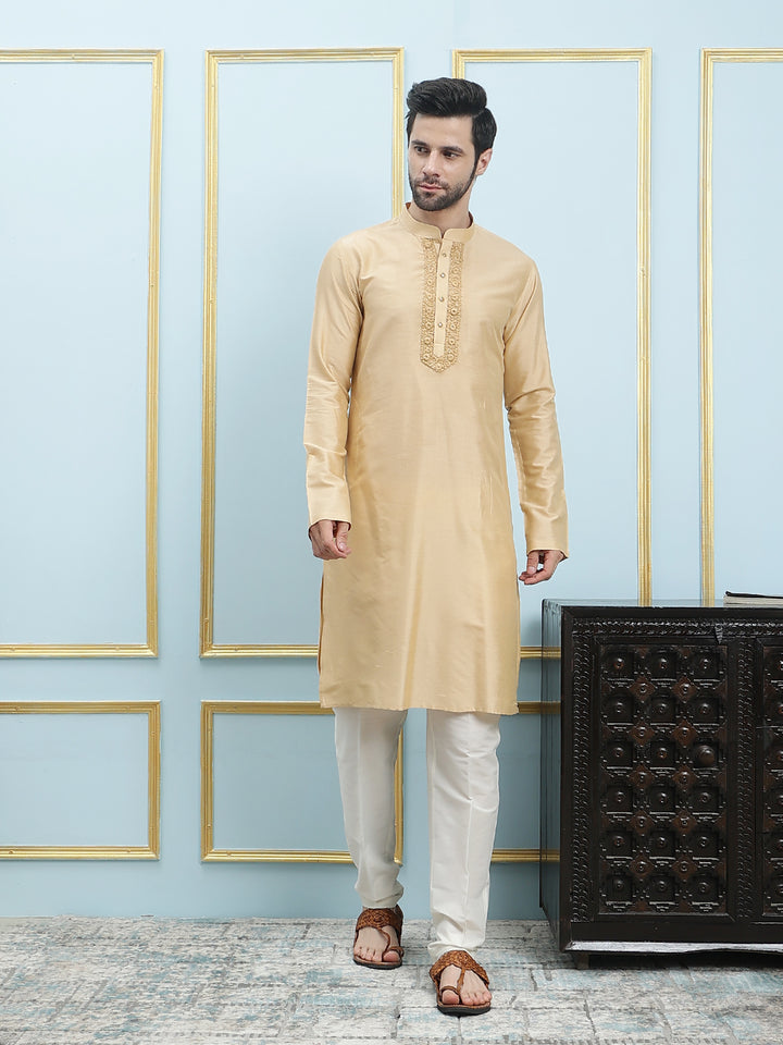 Solid Pure Cotton Straight Kurta with Embroidered Neck Design and Pyjama