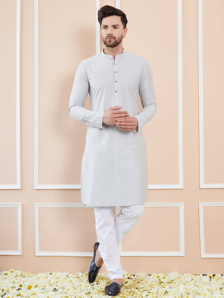 Off White Cotton Solid Straight Kurta with Pyjama