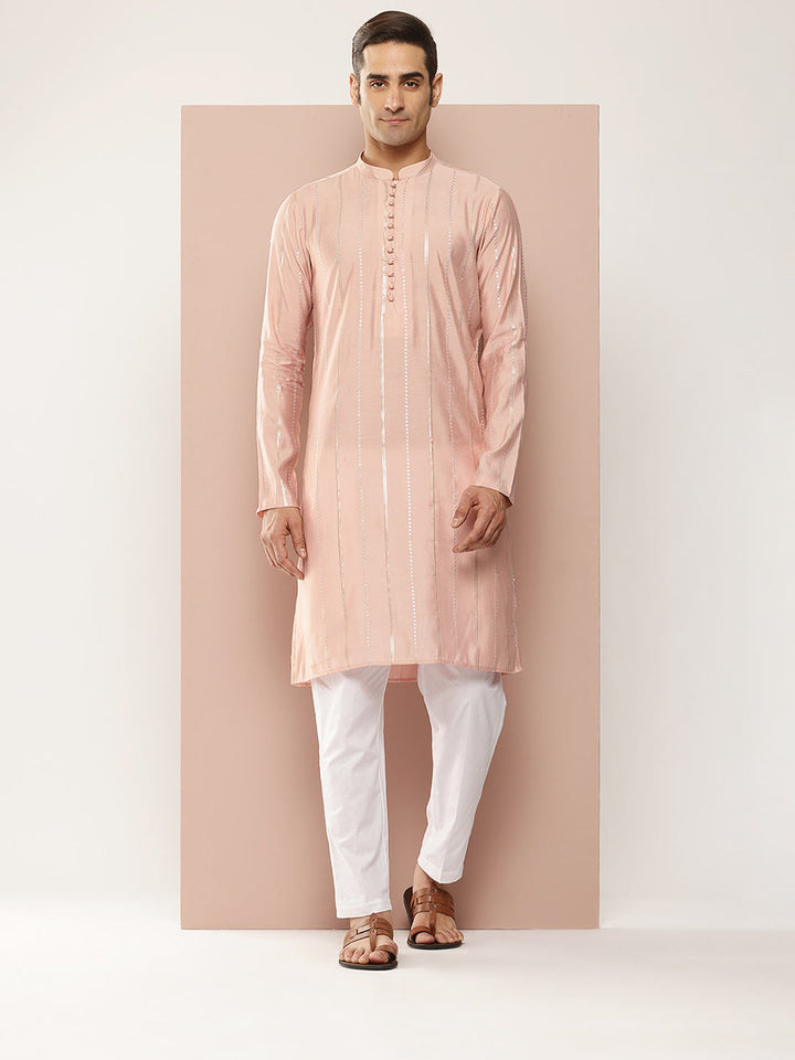 Men's Pink Chanderi Silk Kurta with Sequin Embroidery, Paired with Pyjama