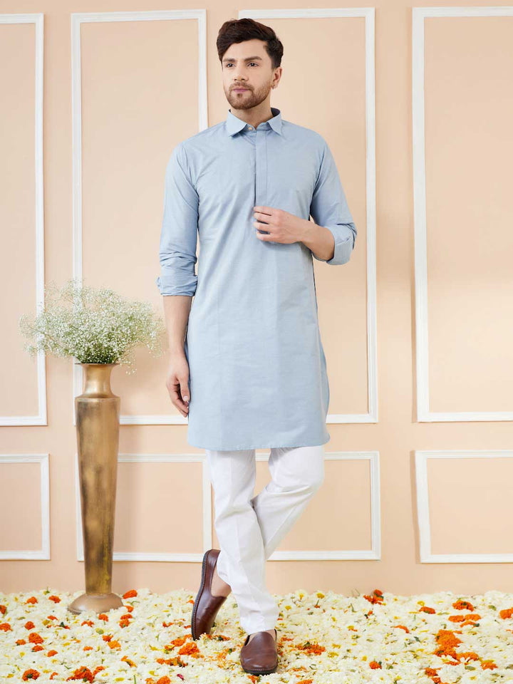 Blue Cotton Solid Pathani Kurta with Pyjama