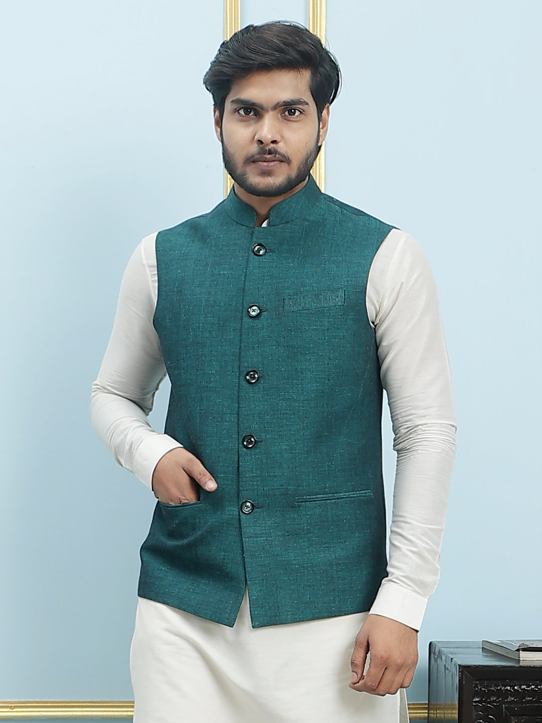 Solid Woven Silk Nehru Jacket