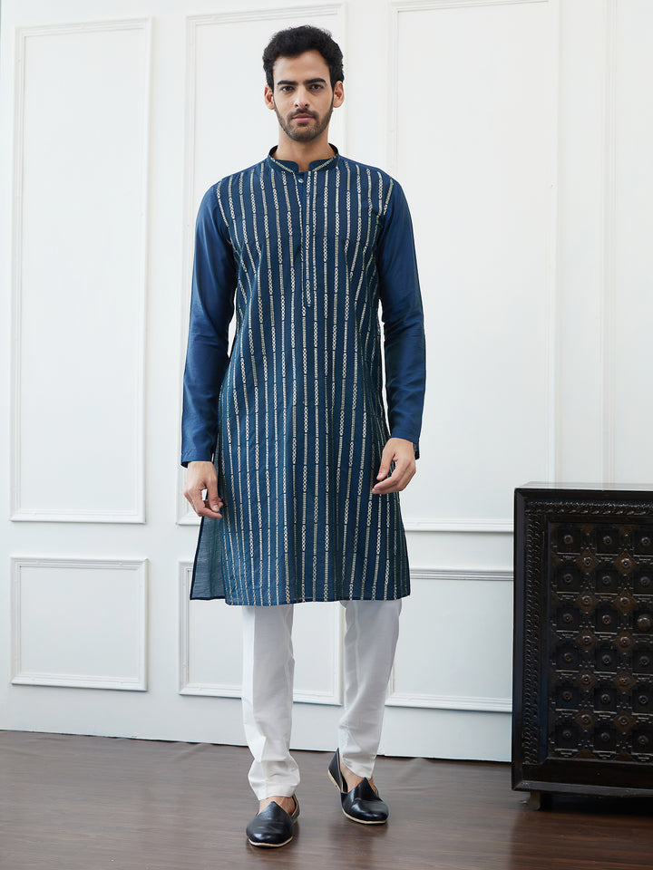 Embroidered Sequin Worked Chanderi Silk Straight Kurta with Pyjama