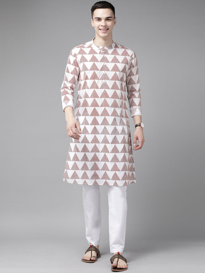 White & Maroon Stripe Printed Straight Kurta