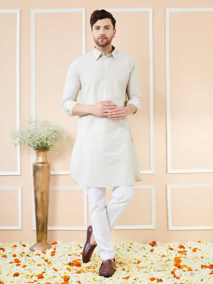 Off White Cotton Solid Pathani Kurta with Pyjama